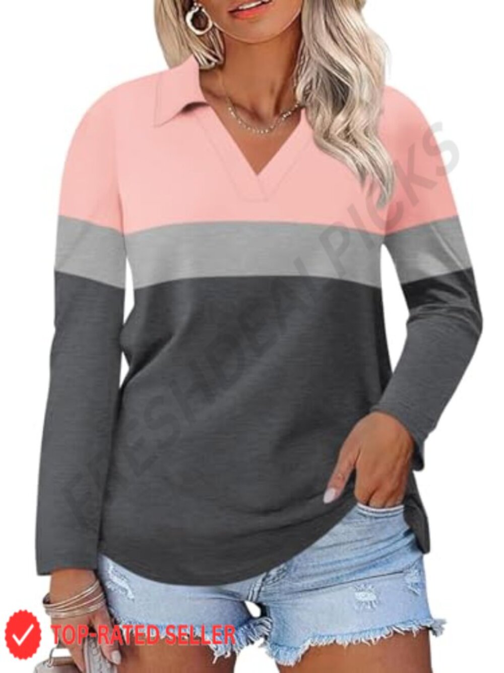 Womens Plus Size Collared V Neck Polo Tunic Top Long Sleeve